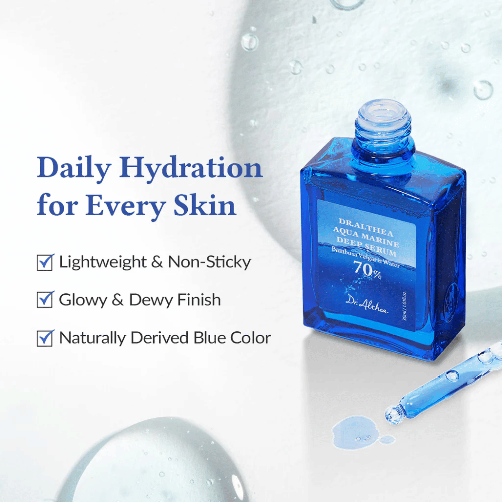Dr. Althea Aqua Marine Deep Serum i blå glasflaska med pipett, lätt och icke-klibbig formula som ger daglig återfuktning, glowig och dewy finish samt naturligt blå färg för alla hudtyper.