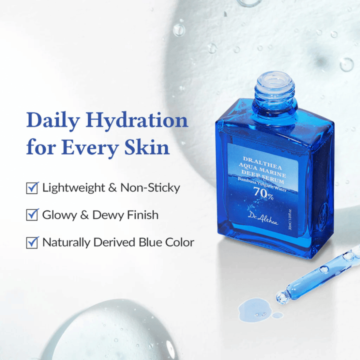 Dr. Althea Aqua Marine Deep Serum i blå glasflaska med pipett, lätt och icke-klibbig formula som ger daglig återfuktning, glowig och dewy finish samt naturligt blå färg för alla hudtyper.