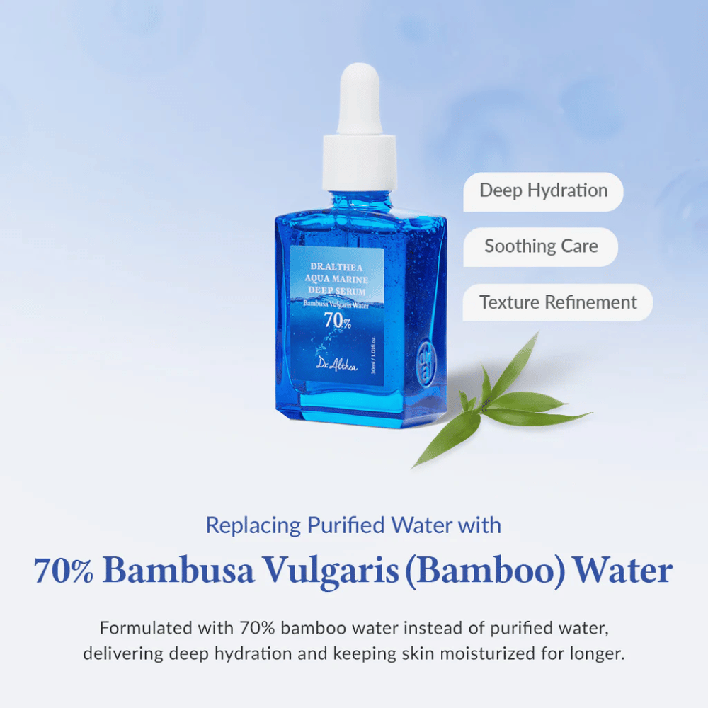Dr. Althea Aqua Marine Deep Serum i blå glasflaska med pipett, formulerat med 70 % Bambusa Vulgaris (bamboo) water för djup återfuktning, lugnande vård och förbättrad hudtextur.