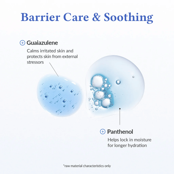 Barrier Care & Soothing i Dr. Althea Aqua Marine Deep Serum med guaiazulene som lugnar irriterad hud och skyddar mot yttre stress, samt panthenol som binder fukt och stärker hudbarriären för långvarig återfuktning.