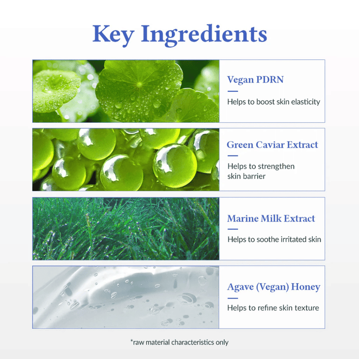 Nyckelingredienser i Dr. Althea Aqua Marine Deep Serum – Vegan PDRN för elasticitet, Green Caviar Extract som stärker hudbarriären, Marine Milk Extract som lugnar huden samt Agave (vegansk honung) för jämnare hudstruktur.