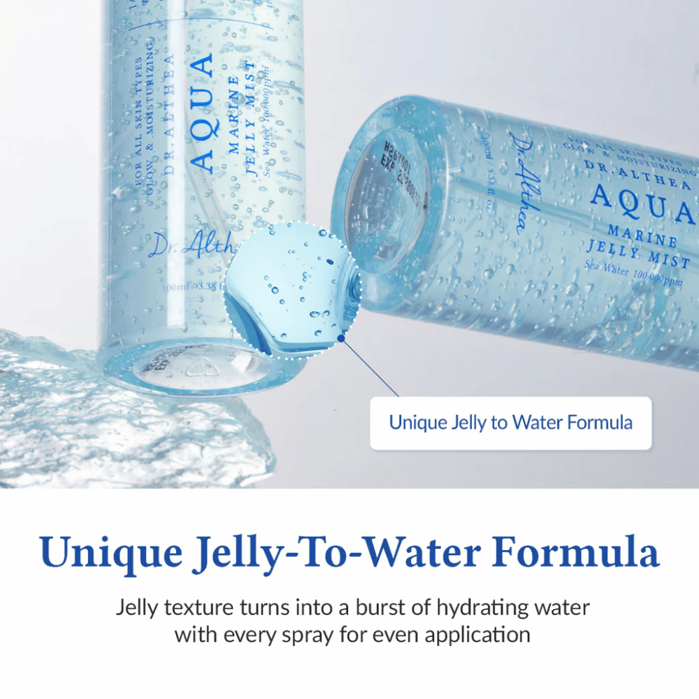 Dr. Althea Aqua Marine Jelly Mist med unik jelly-to-water-formula som aktiveras vid spray och ger intensiv återfuktning