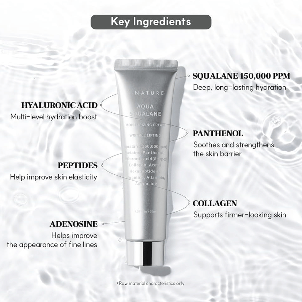 S.NATURE Aqua Squalane Moisturizing Cream med squalane, hyaluronsyra, pantenol, peptider och kollagen för återfuktad och smidig hud.