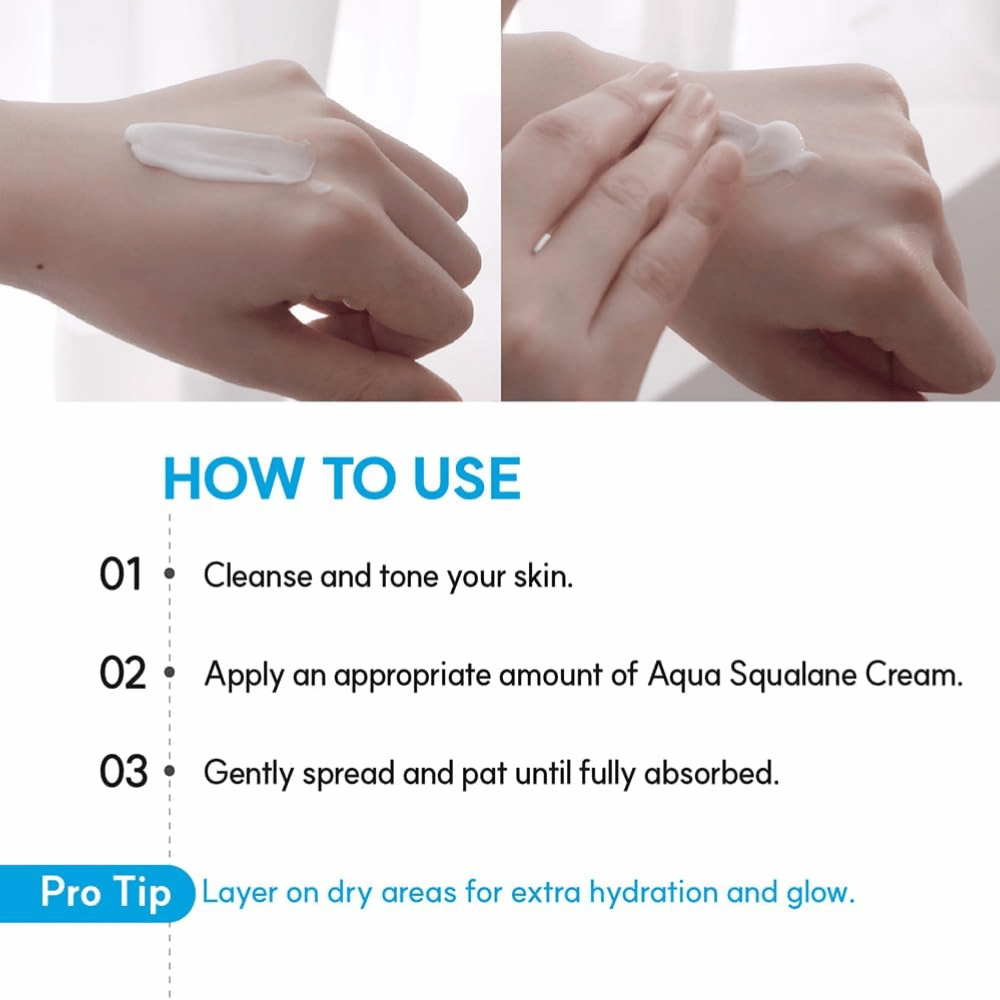 S.NATURE Aqua Squalane Moisturizing Cream appliceras på huden för intensiv återfuktning och en mjuk, smidig hudbarriär.