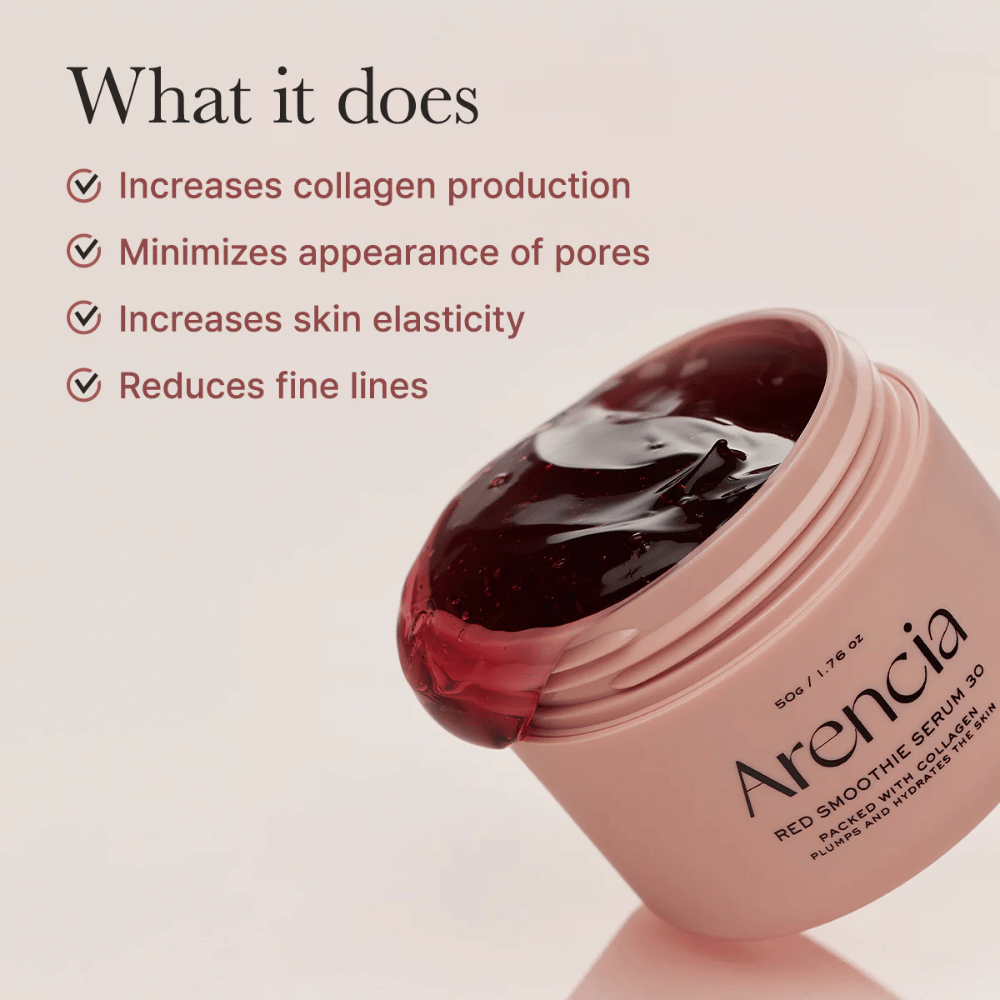 Öppen burk Arencia Red Smoothie Serum 30 med geléliknande textur, listat fördelar: ökad kollagen, minimerade porer, förbättrad elasticitet, reducerade linjer.