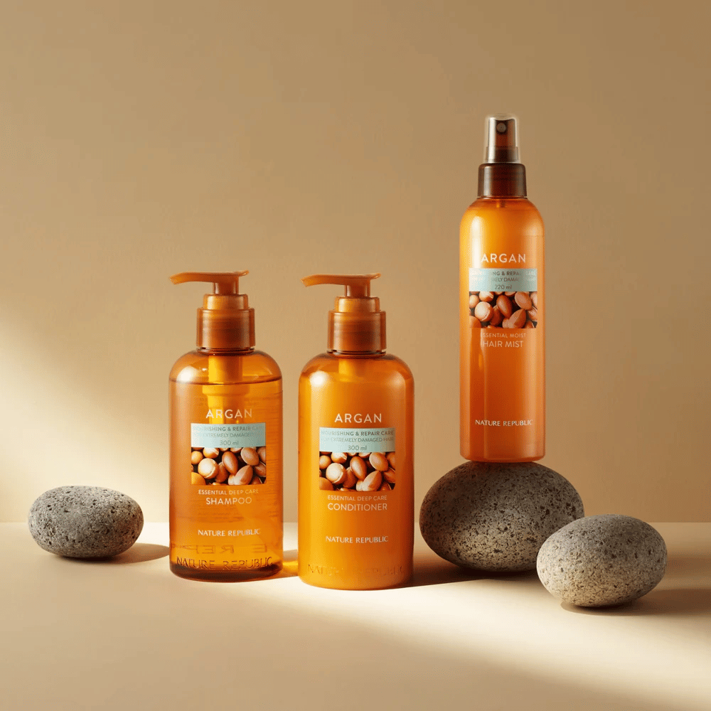 Nature Republic Argan-serie med schampo, balsam och hårmist för skadat hår – berikad med arganolja för glans och näring.