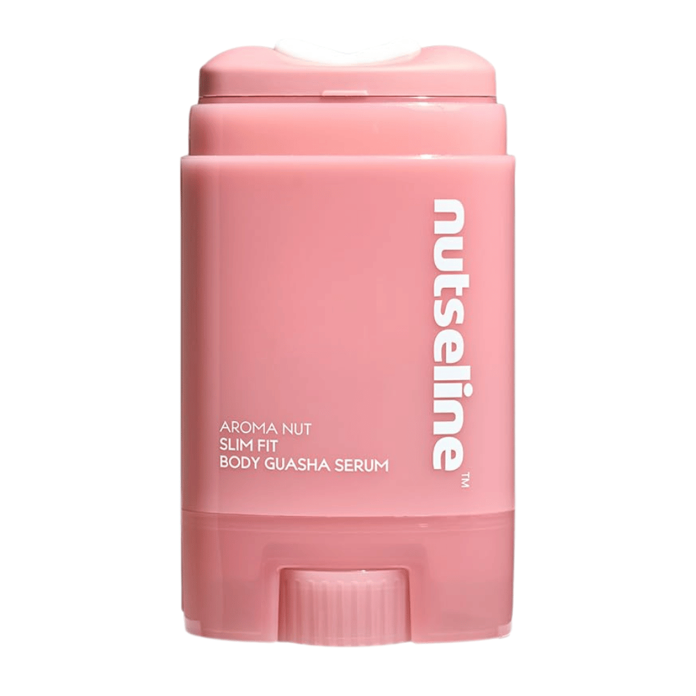 Ren frilagd produktbild av Nuseline Aroma Nut Slim Fit Body Guasha Serum på ljus bakgrund med fokus på förpackningens design.