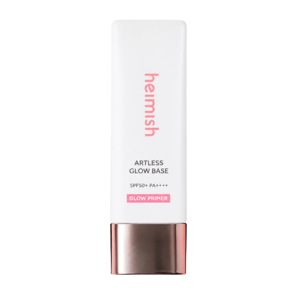 Heimish Artless Glow Base SPF50+ PA++++ – koreansk glow primer och solskydd i vit förpackning med roséguldfärgad kork.