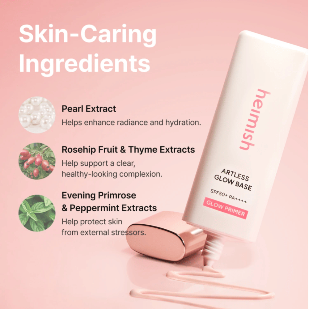 Heimish Artless Glow Base SPF50+ PA++++ med pärlextrakt, nypon, timjan, nattljus och pepparmynta för återfuktning och lyster.