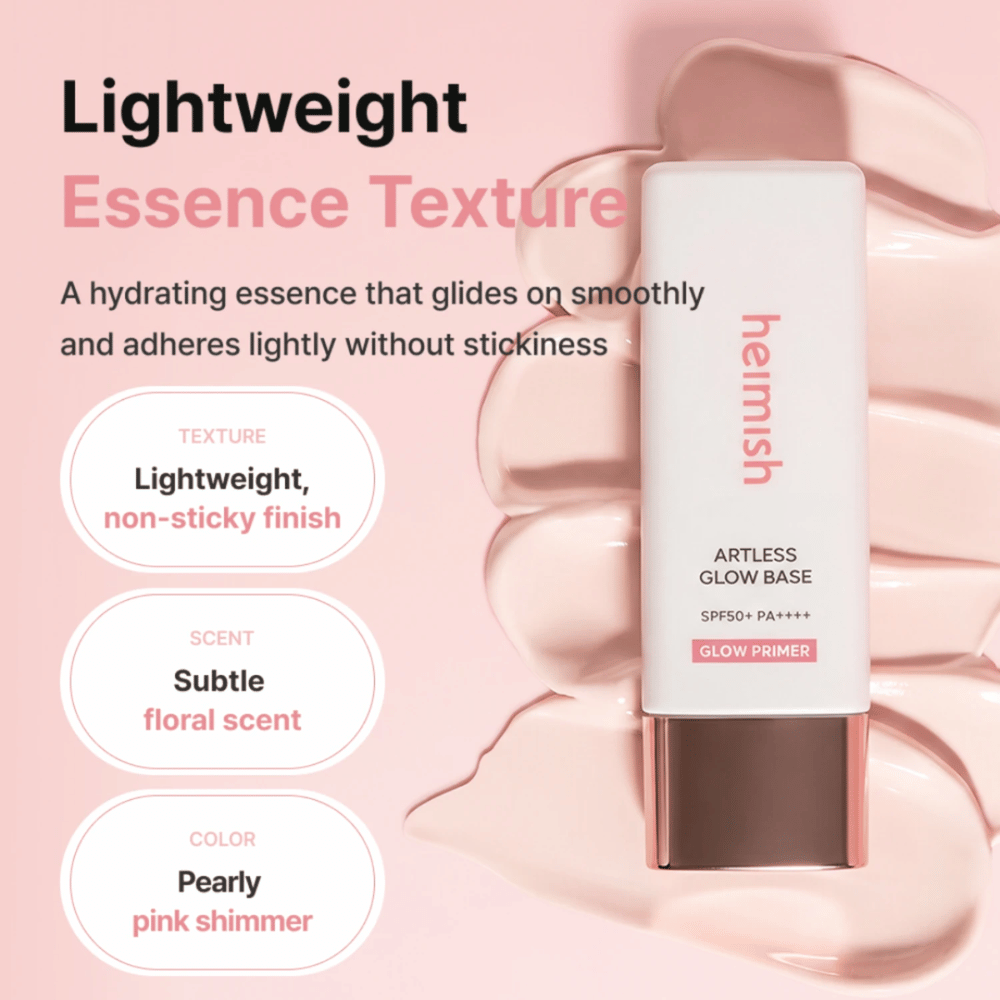 Heimish Artless Glow Base SPF50+ PA++++ – lätt återfuktande glow primer med pärlemorskimrande rosa finish utan klibbig känsla.