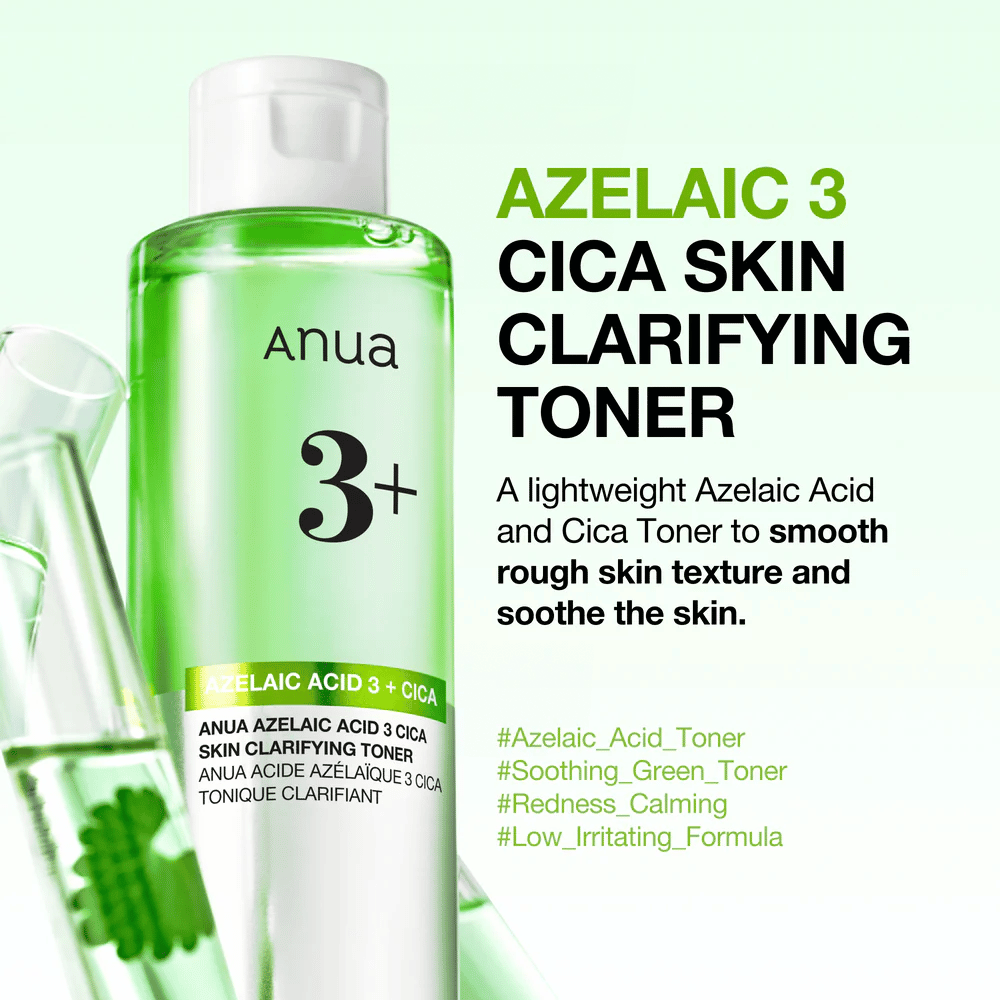 Anua Azelaic Acid 3 Cica Skin Clarifying Toner med 3 % azelainsyra och centella asiatica som varsamt exfolierar, lugnar huden och förbättrar hudens klarhet.