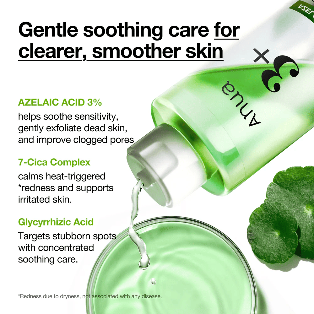 Anua Azelaic Acid 3 Cica Skin Clarifying Toner med 3 % azelainsyra, 7-Cica Complex och glycyrrhizinsyra som lugnar känslig hud och minskar rodnad.