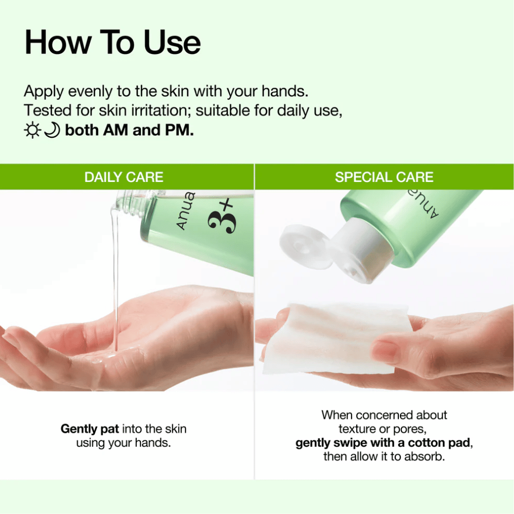 Anua Azelaic Acid 3 Cica Skin Clarifying Toner appliceras med händerna eller bomullsrondell för att lugna huden och förbättra hudstrukturen.