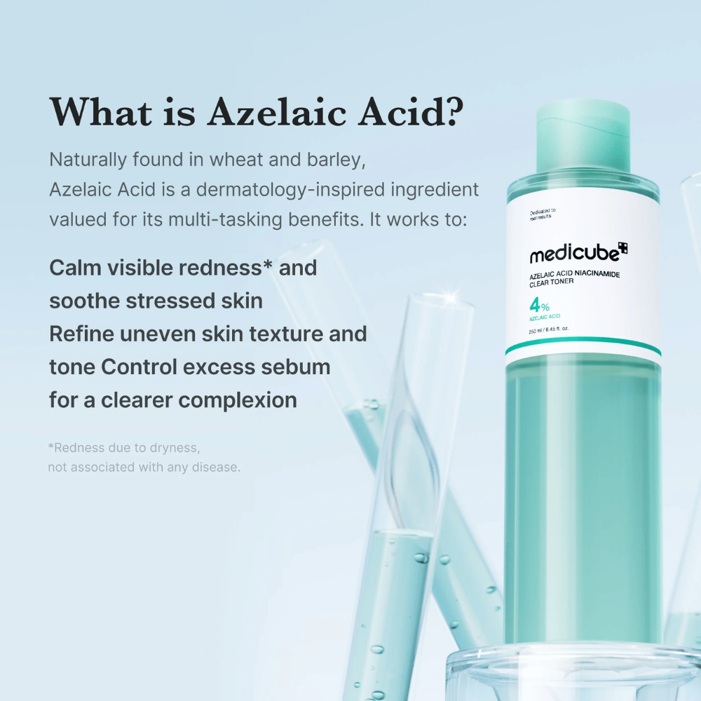 Medicube Azelaic Acid Niacinamide Clear Toner med 4% azelainsyra som hjälper till att lugna rodnad, jämna ut hudtonen och kontrollera överskottssebum för en klarare hud.