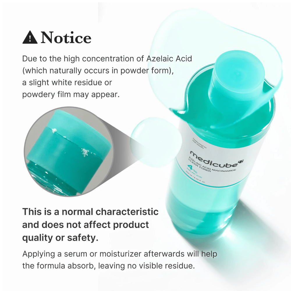 Medicube Azelaic Acid Niacinamide Clear Toner som visar naturliga kristallrester från azelainsyra och förklarar att detta är normalt och inte påverkar produktens kvalitet eller säkerhet.