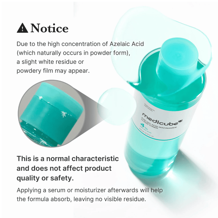Medicube Azelaic Acid Niacinamide Clear Toner som visar naturliga kristallrester från azelainsyra och förklarar att detta är normalt och inte påverkar produktens kvalitet eller säkerhet.