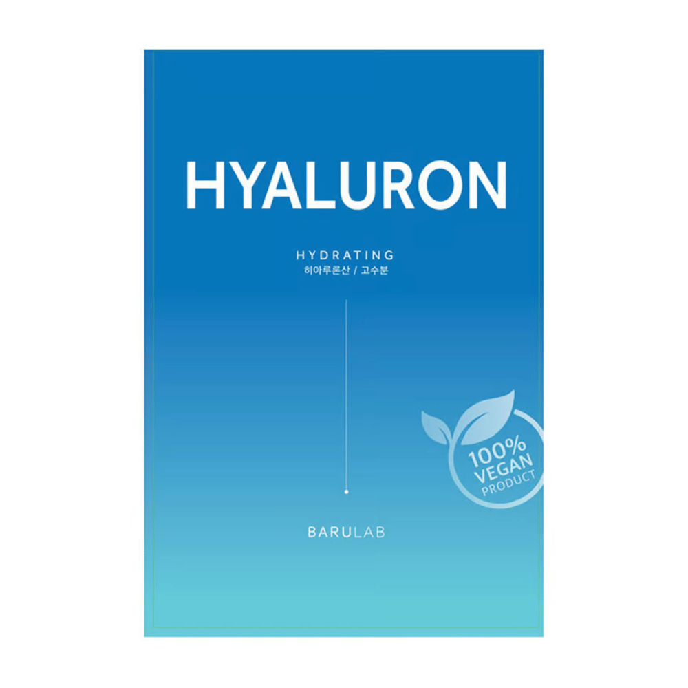 En förpackning av BARULAB "HYALURON Hydrating" mask, märkt som "100% Vegan Product". Förpackningen har en färggradient från mörkblått i toppen till ljusblått i botten.
