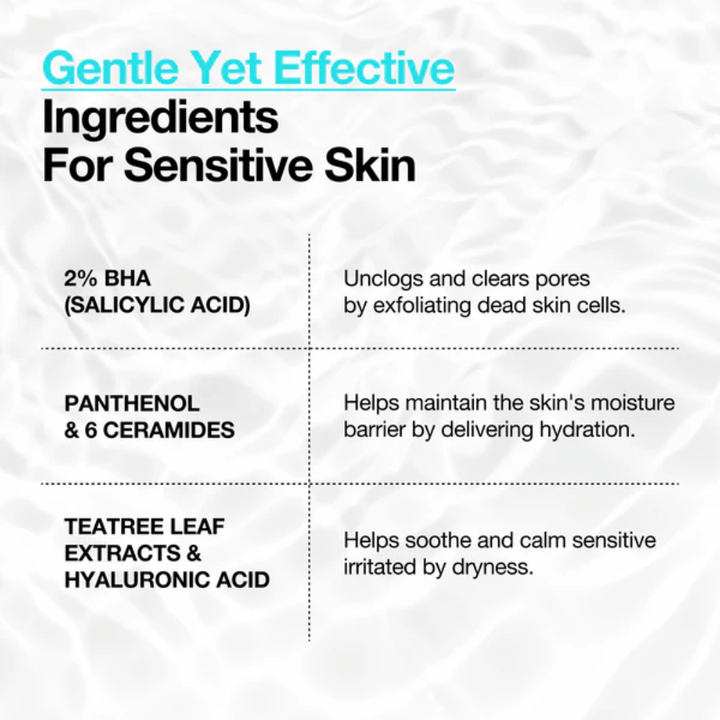 Anua BHA 2% Gentle Exfoliating Toner – ingredienser för känslig hud med 2% BHA, panthenol, ceramider och hyaluronsyra