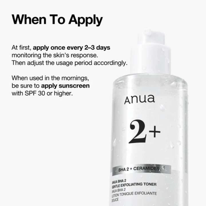 Anua BHA 2% Gentle Exfoliating Toner med ceramider – instruktion för användning, exfolierande toner för känslig hud med BHA (salicylsyra)