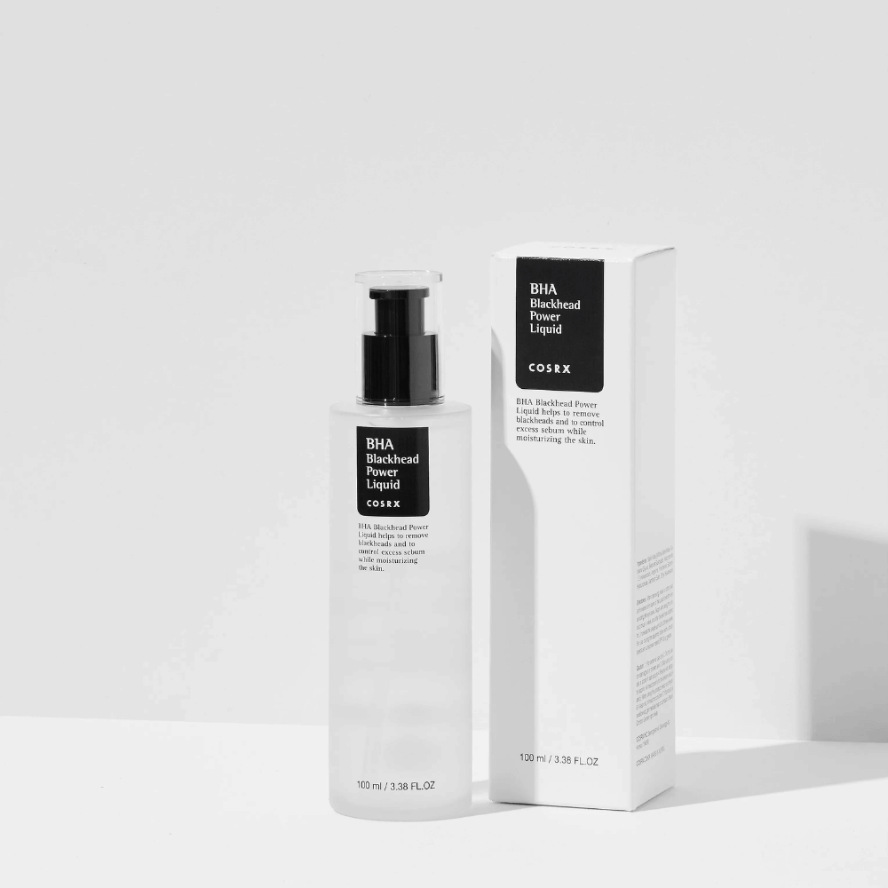COSRX BHA Blackhead Power Liquid 100 ml med förpackning – exfolierande ansiktsserum med BHA som motverkar pormaskar och överflödig talg.