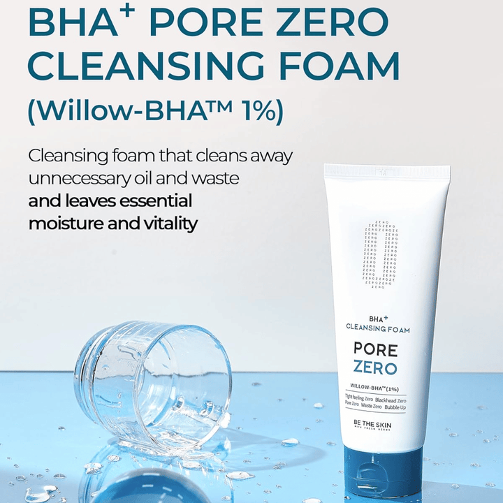 Kampanjbild som lyfter fram Willow-BHA™ (1%) och produktens förmåga att rengöra bort överflödigt talg och orenheter samtidigt som huden behåller fukt och lyster. Den blå färgpaletten ger ett rent och uppfriskande intryck.