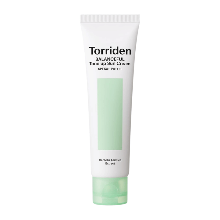 Torriden Balanceful Tone Up Sun Cream SPF50+ PA++++ produktbild på vit bakgrund med Centella Asiatica för lugnande vård och dagligt UV-skydd.