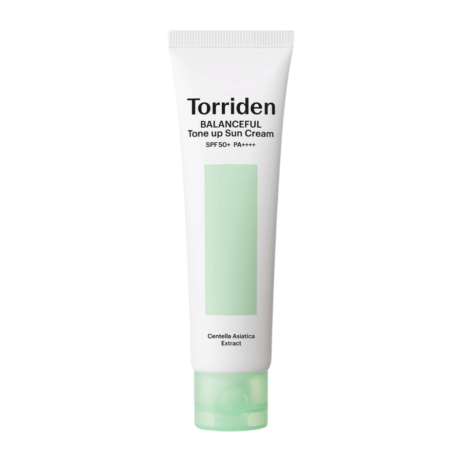 Torriden Balanceful Tone Up Sun Cream SPF50+ PA++++ produktbild på vit bakgrund med Centella Asiatica för lugnande vård och dagligt UV-skydd.