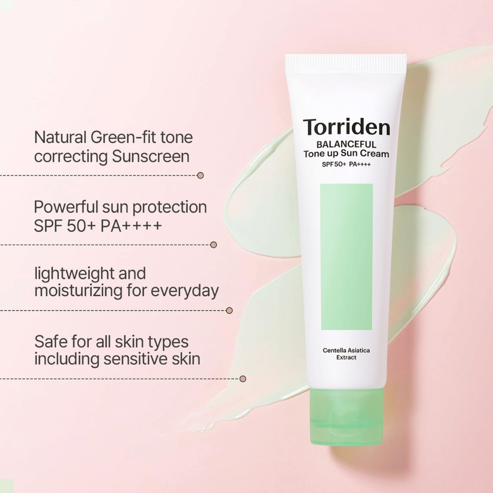 Torriden Balanceful Tone Up Sun Cream SPF50+ PA++++ med grön färgkorrigerande tone-up-effekt som hjälper till att jämna ut rodnad och ge naturlig lyster.