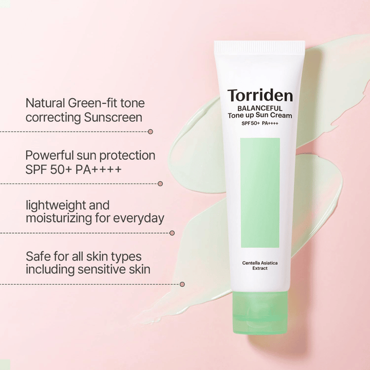Torriden Balanceful Tone Up Sun Cream SPF50+ PA++++ med grön färgkorrigerande tone-up-effekt som hjälper till att jämna ut rodnad och ge naturlig lyster.