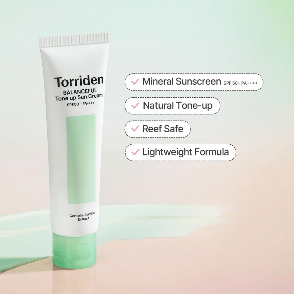 Torriden Balanceful Tone Up Sun Cream SPF50+ PA++++ presenterad med fokus på mineralbaserat solskydd, naturlig tone-up-effekt, reef safe-formula och lätt textur.