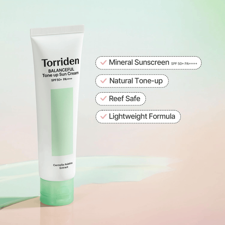 Torriden Balanceful Tone Up Sun Cream SPF50+ PA++++ presenterad med fokus på mineralbaserat solskydd, naturlig tone-up-effekt, reef safe-formula och lätt textur.