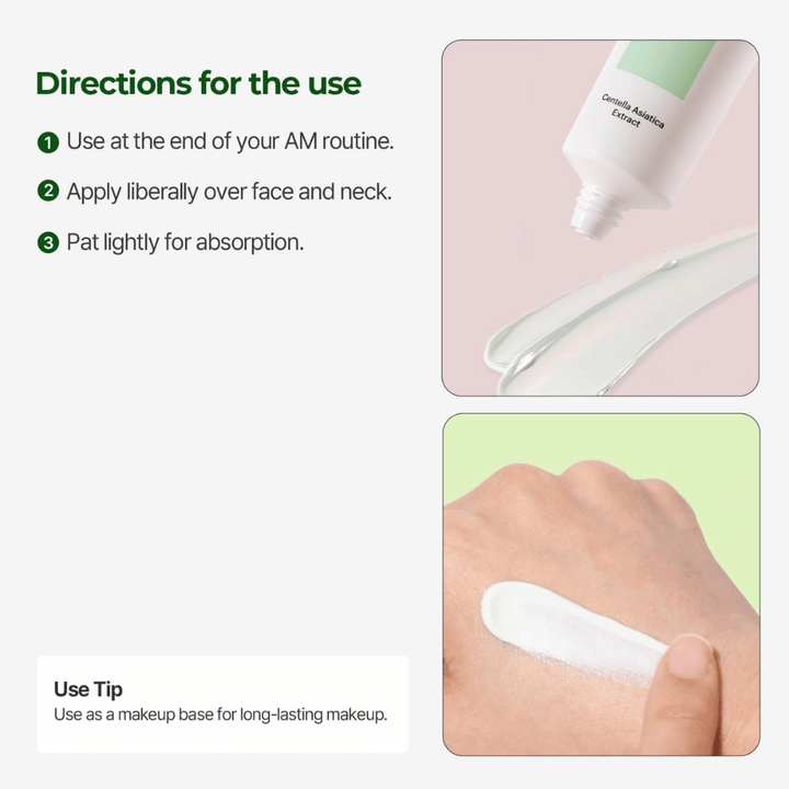 Torriden Balanceful Tone Up Sun Cream SPF50+ PA++++ med Centella Asiatica visas tillsammans med appliceringstips och krämens lätta, utjämnande konsistens på huden.