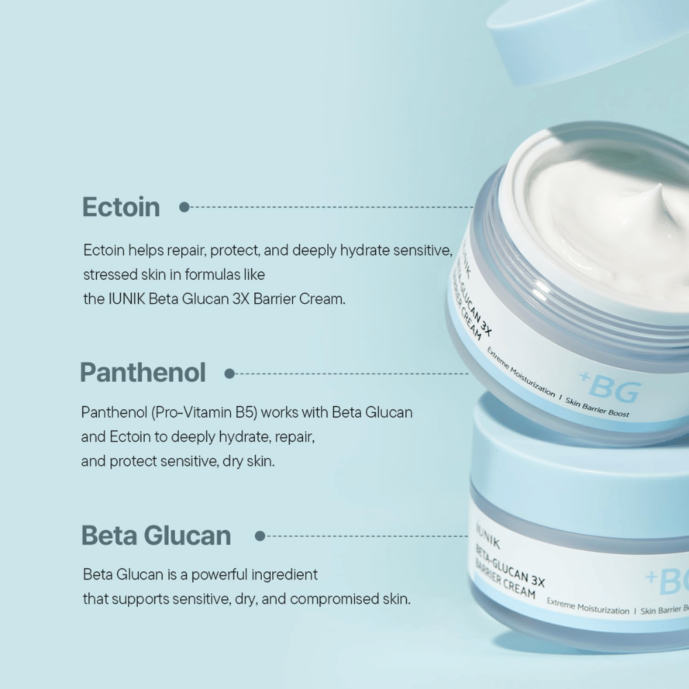 iUNIK Beta-Glucan 3X Barrier Cream med beta-glukan, ectoin och panthenol för intensiv återfuktning och stärkt hudbarriär