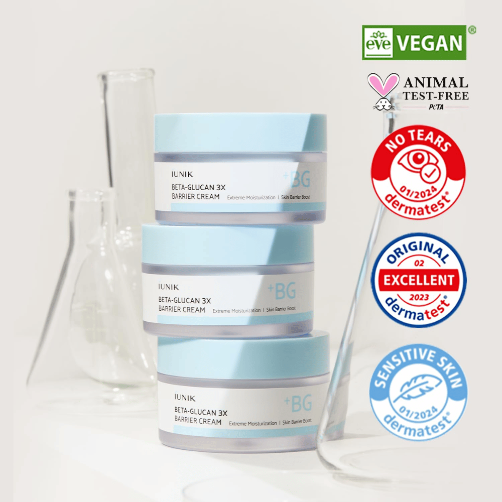 iUNIK Beta-Glucan 3X Barrier Cream med vegansk formula och dermatologiskt testad barriärkräm för känslig hud