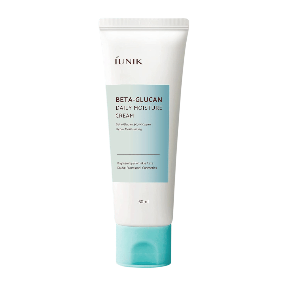 Frilagd produktbild av iUNIK Beta-Glucan Daily Moisture Cream 60 ml. Tubens design och produktnamn visas tydligt mot neutral bakgrund, vilket ger en ren och professionell produktpresentation.