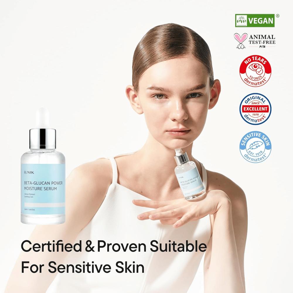 iUNIK Beta-Glucan Power Moisture Serum – veganskt och cruelty-free serum som passar känslig hud och stärker hudbarriären