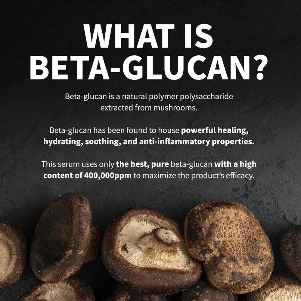 Informationsbild som förklarar vad beta-glukan är. Bilden visar svampar som råvarukälla och beskriver beta-glukan som en ingrediens med återfuktande, lugnande och hudvårdande egenskaper.