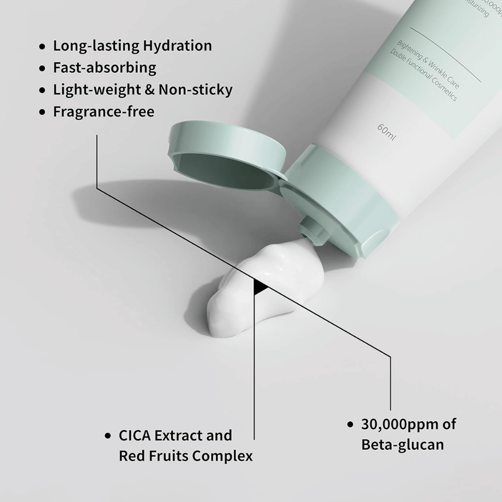 Närbild av iUNIK Beta-Glucan Daily Moisture Cream där krämen pressas ut ur tuben. Bilden lyfter fram produktens lätta konsistens och viktiga egenskaper såsom långvarig återfuktning, snabb absorption, klibbfri känsla, parfymfri formula, beta-glukan samt lugnande ingredienser som CICA-extrakt.