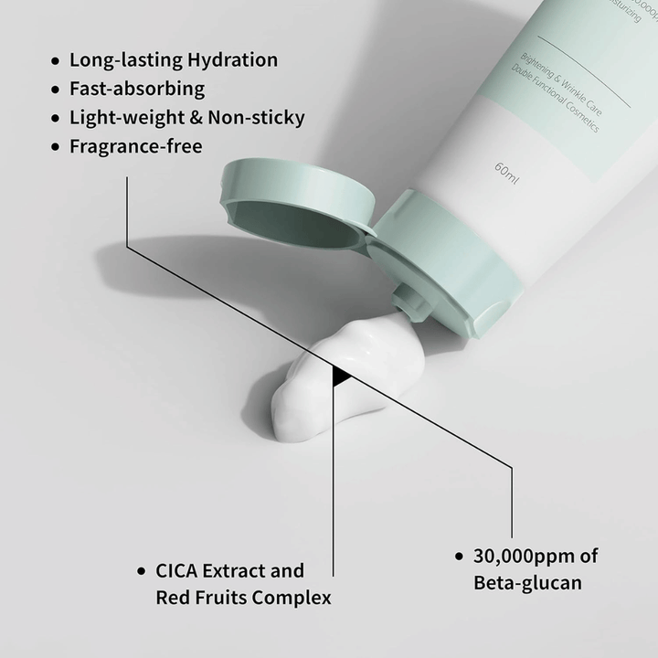 Närbild av iUNIK Beta-Glucan Daily Moisture Cream där krämen pressas ut ur tuben. Bilden lyfter fram produktens lätta konsistens och viktiga egenskaper såsom långvarig återfuktning, snabb absorption, klibbfri känsla, parfymfri formula, beta-glukan samt lugnande ingredienser som CICA-extrakt.