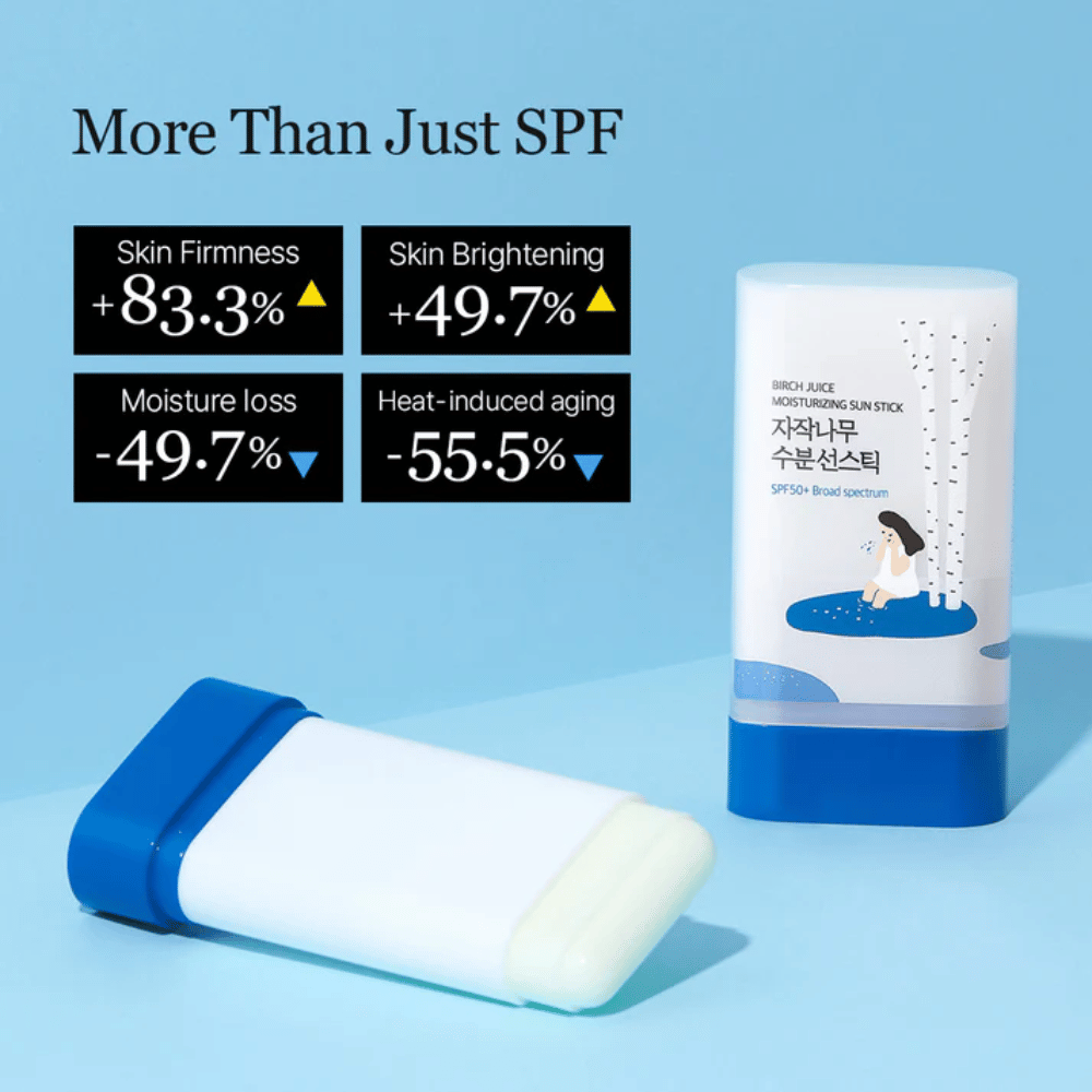 ROUND LAB Birch Juice Sun Stick med SPF50+ visas med resultat om förbättrad hudelasticitet och minskad fuktförlust