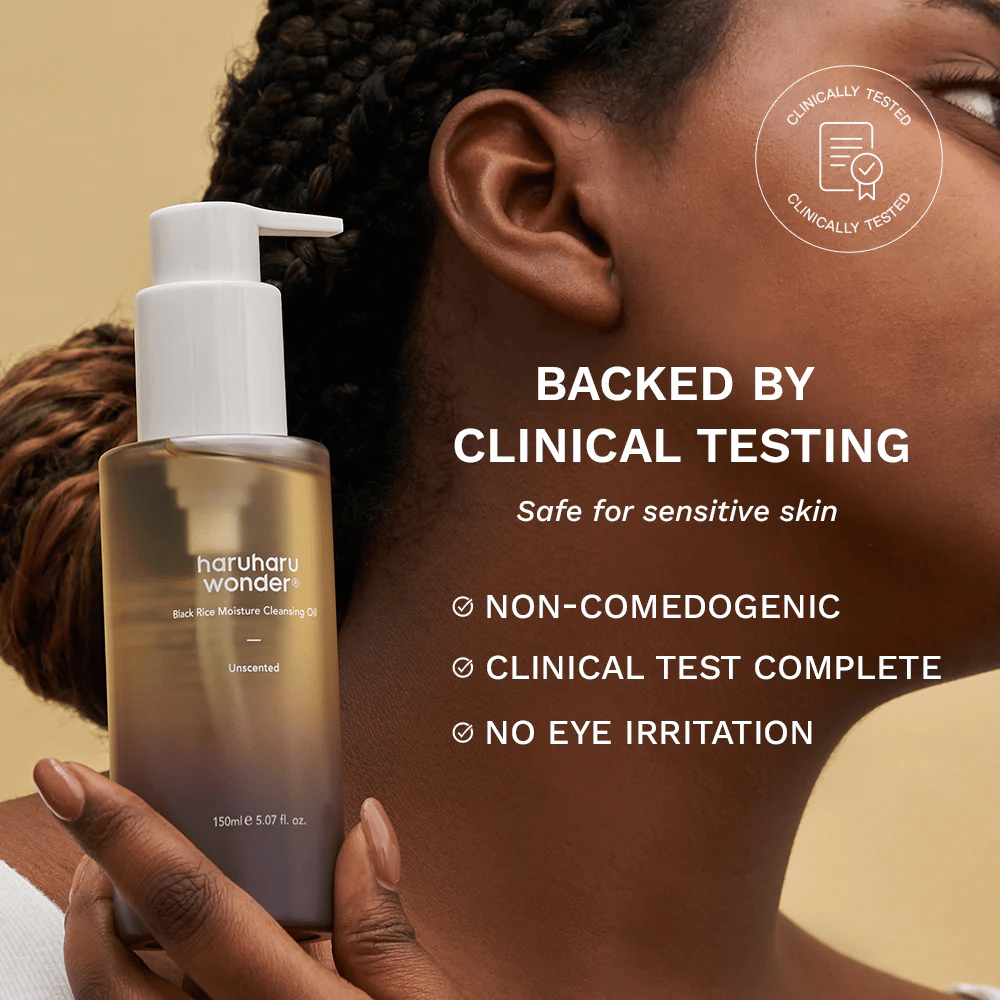 Haruharu Wonder Black Rice Moisture Cleansing Oil 150 ml – kliniskt testad oljerengöring för känslig hud, icke-komedogen och utan ögonirritation.