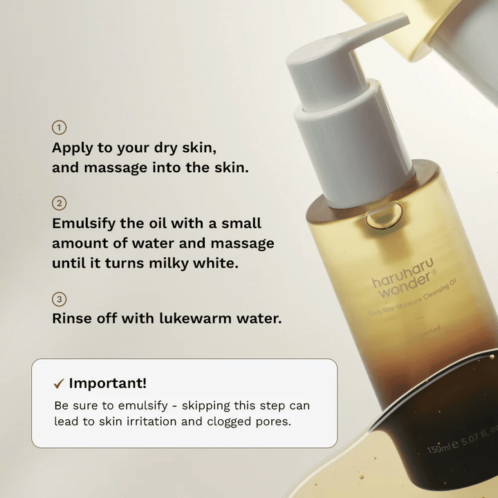 Haruharu Wonder Black Rice Moisture Cleansing Oil appliceringsguide – oljerengöring som masseras på torr hud, emulgeras med vatten och sköljs av för effektiv sminkborttagning.