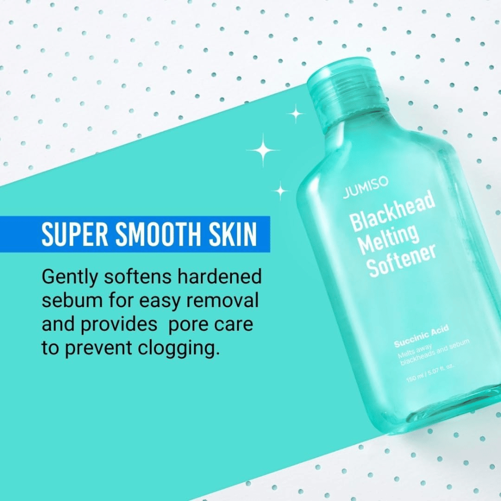 JUMISO Blackhead Melting Softener visas på turkos bakgrund. Text betonar att produkten mjukar upp sebum och förebygger tilltäppta porer.