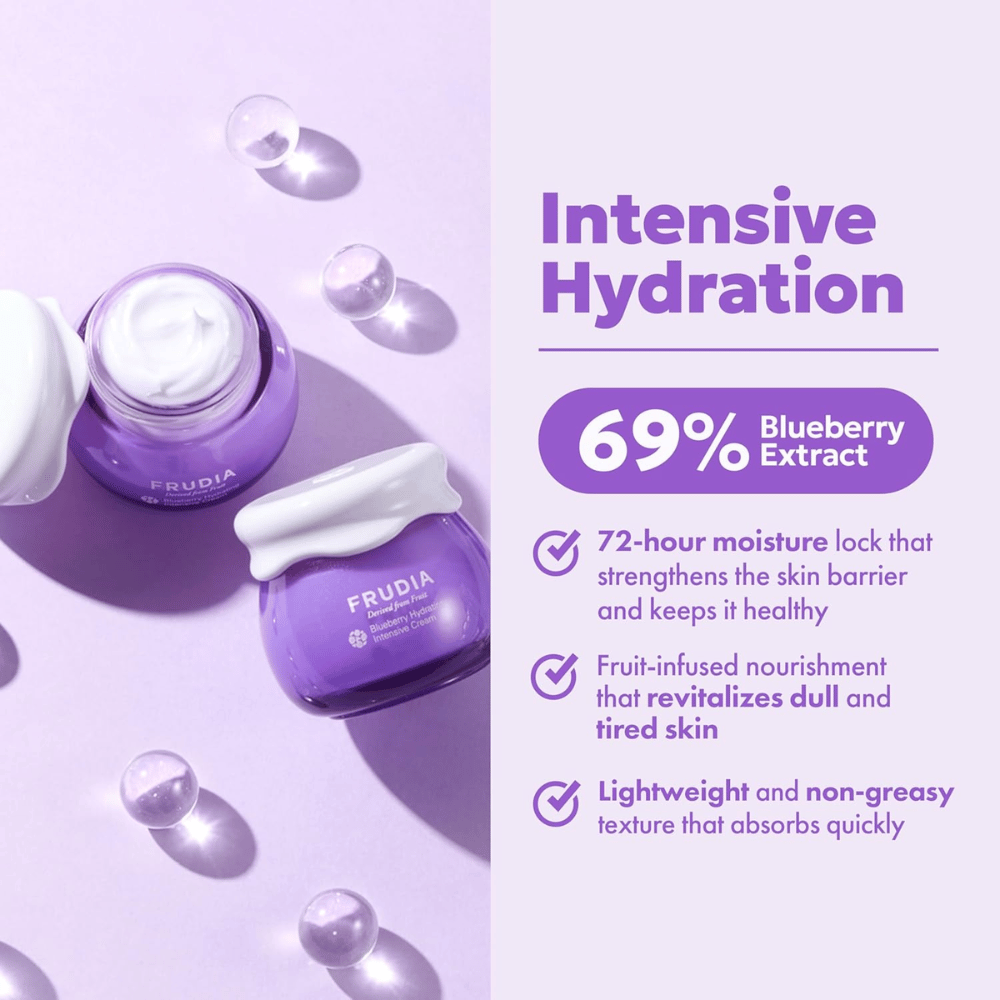 FRUDIA Blueberry Hydrating Intensive Cream med intensiv återfuktning, 69 % blåbärsextrakt och krämig konsistens för torr och fuktfattig hud