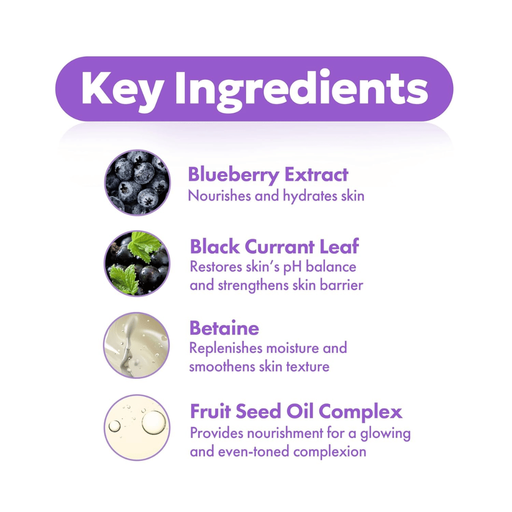 Nyckelingredienser i FRUDIA Blueberry Hydrating Intensive Cream med blåbärsextrakt, svartvinbärsblad, betaine och fruit seed oil complex