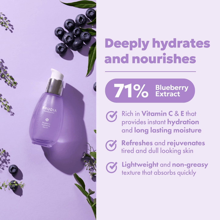 FRUDIA Blueberry Hydrating Serum med 71 % blåbärsextrakt som ger intensiv återfuktning, långvarig fukt, lätt konsistens och fräsch lyster till torr hud.