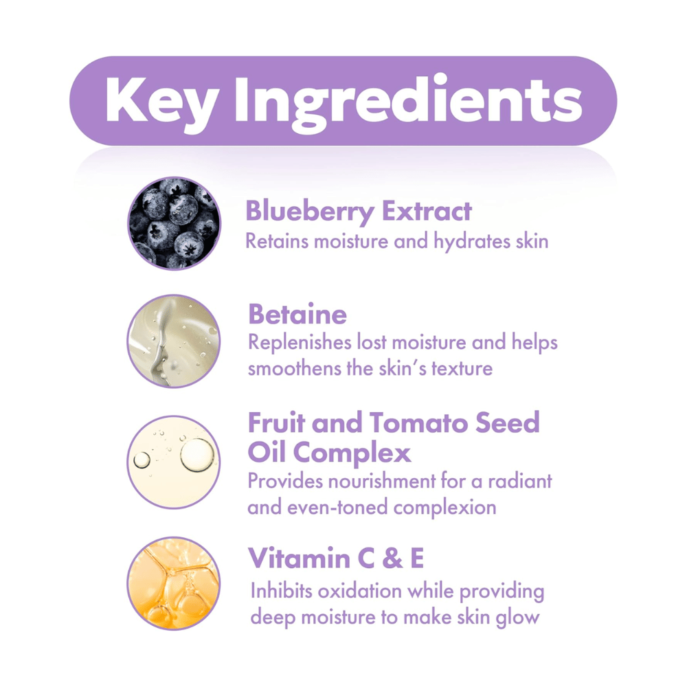 Nyckelingredienser i FRUDIA Blueberry Hydrating Serum med blåbärsextrakt, betaine, fröoljekomplex samt vitamin C och E för återfuktad och strålande hud.