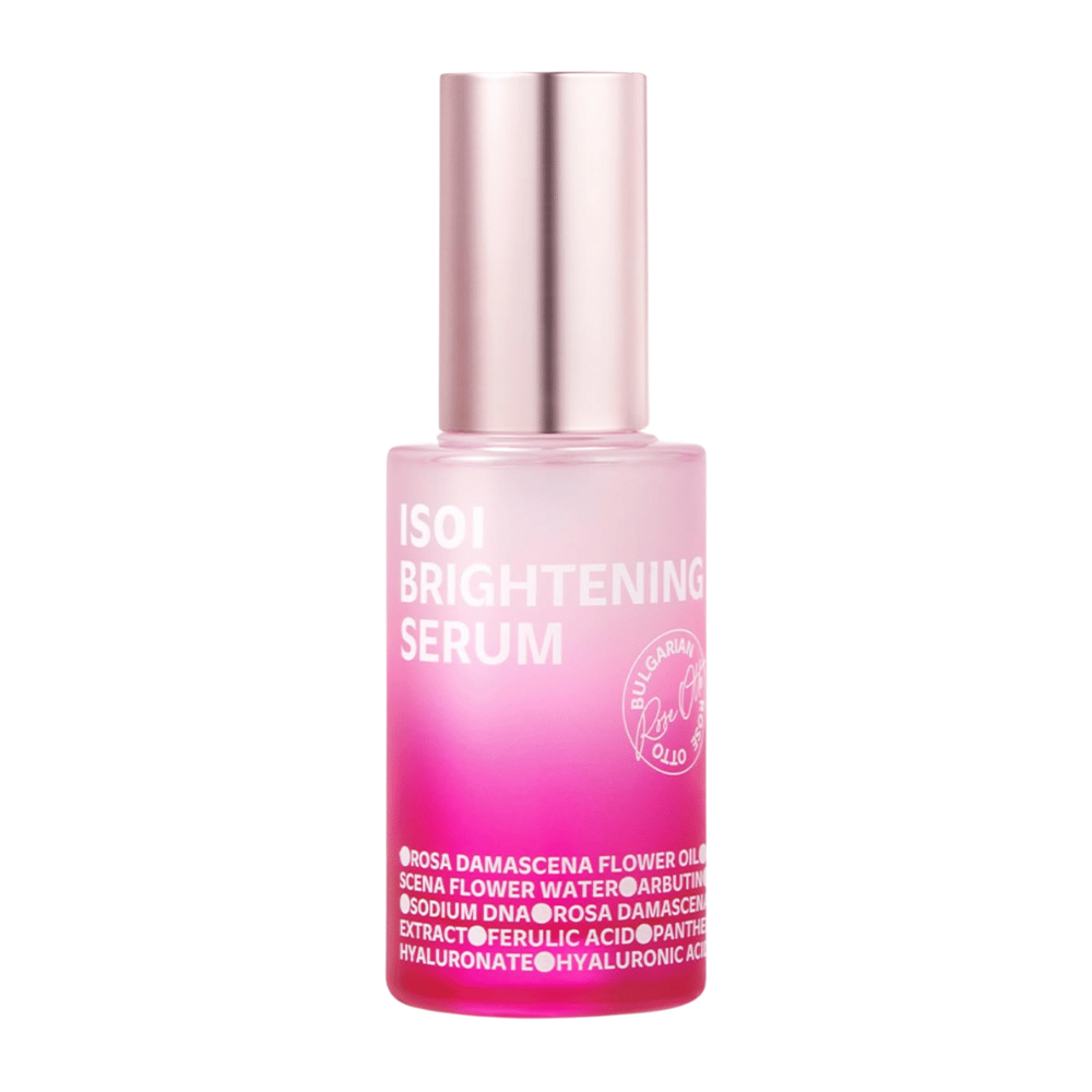 ISOI Brightening Serum 35 ml, lystergivande ansiktsserum med Rose PDRN och arbutin i en rosa glasflaska med metallicrosa kork mot vit bakgrund.