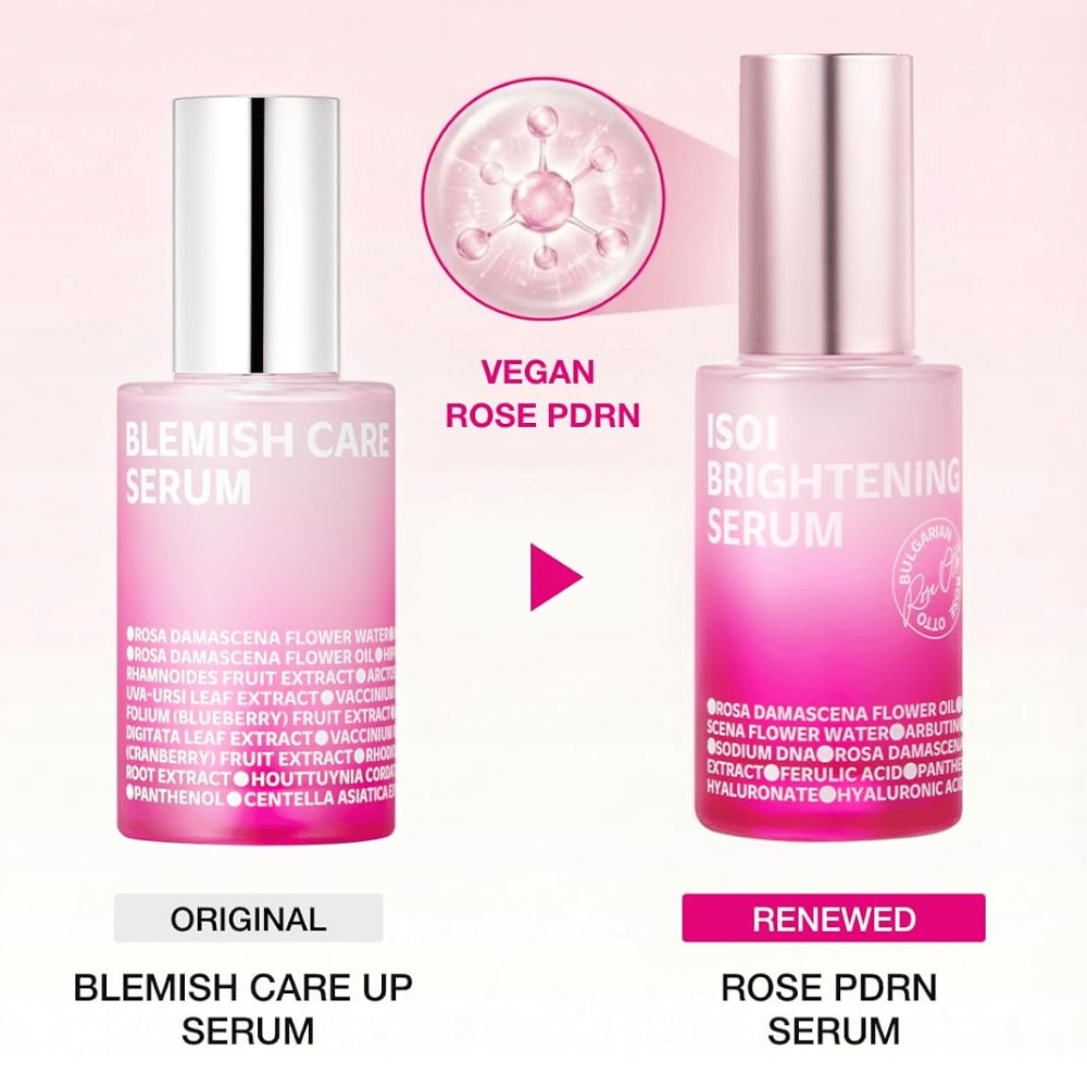 ISOI Brightening Serum med veganskt Rose PDRN. Jämförelse mellan originalet Blemish Care Up Serum och den uppdaterade rosa serumflaskan.
