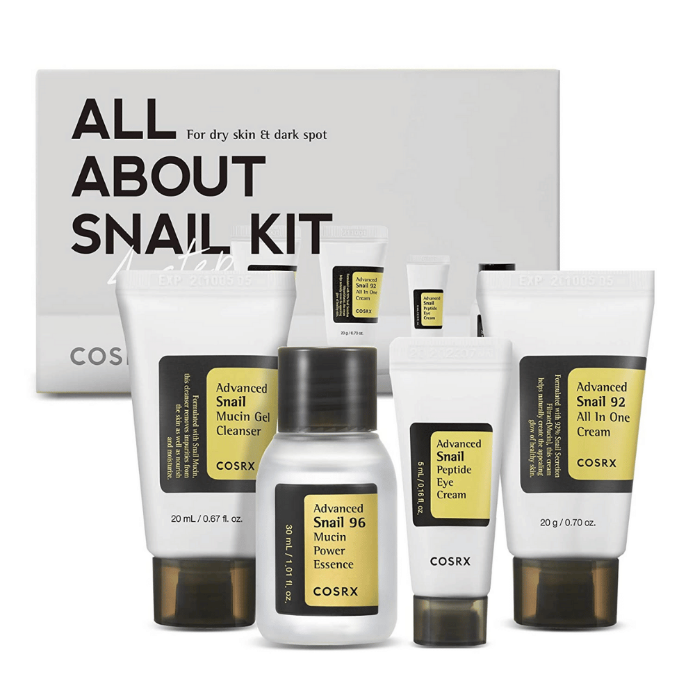 COSRX All About Snail Kit – koreansk hudvårdsbox med Snail Mucin Cleanser, Essence, Eye Cream och All In One Cream för återfuktning och reparation.